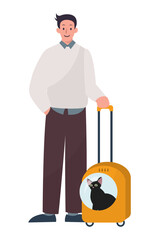 man with his cat in the carrier