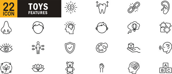 Toys features editable outline icon set. Sensory, learning, brain development, creativity, eco-friendly and more.