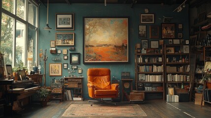 Eclectic artist studio vintage colorful room interior