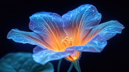 A glowing blue flower with water droplets on its petals