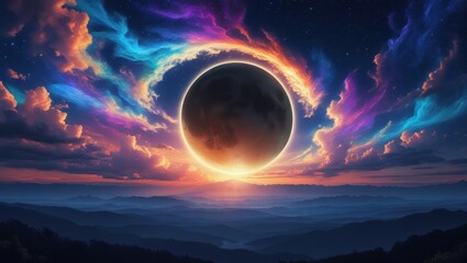 Mystical Planet Eclipse Over Majestic Mountain Range at Sunset with Vibrant Colorful Clouds