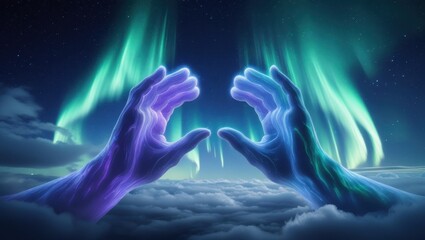 Celestial Hands Reaching for Aurora Borealis in Night Sky Above Clouds