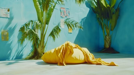 Cheerful Yellow Bean Bag in a Bright Blue Room Surrounded by Plants