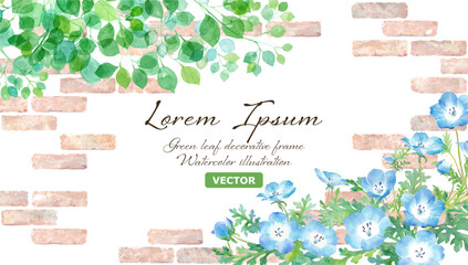 ネモフィラとレンガの装飾フレーム。水彩イラスト。 （ベクター。レイアウト変更可能）
