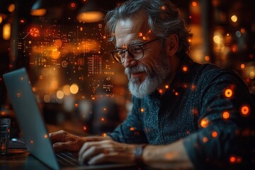 Obraz premium Middle-Aged Man Shopping Online with Laptop and Credit Card Surrounded by Digital Network Icons