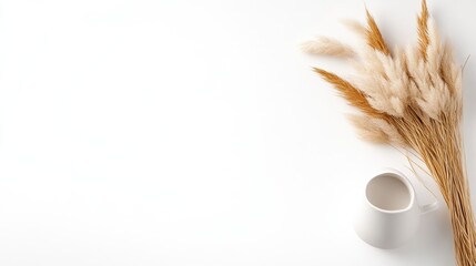 Dried wheat stalks arranged in a white ceramic vase on a clean white background, minimalistic composition with natural elements, and rustic decor concept.