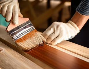 Una brocha pintando o barnizando una tabla con barniz para protección de la madera
