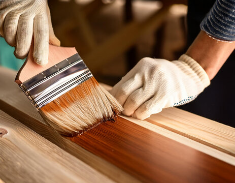 Una brocha pintando o barnizando una tabla con barniz para protecci&oacute;n de la madera