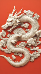 Fototapeta premium Intricately Carved White Dragon on Red Background