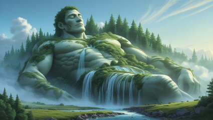 Serene Giant Reclining in Lush Forest Landscape Waterfalls Cascading Down Body