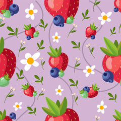 Cute Strawberry and Blueberry Pattern on Lilac Background – Soft Summer Seamless
