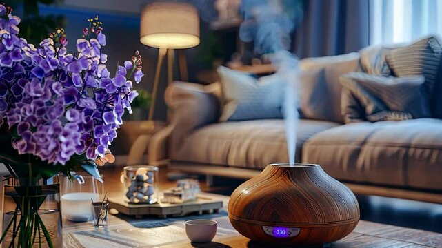 Relaxing atmosphere created by an essential oil diffuser amidst cozy decor and fresh flowers on a wooden table