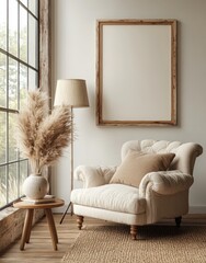 Cozy Living Room with Elegant Armchair, Minimalist Decor, Natural Light, Neutral Colors, and Stylish Accessories