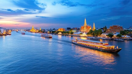 Obraz premium Vibrant Nightview of Bangkok River with Illuminated Temples and Boats under Twilight Sky