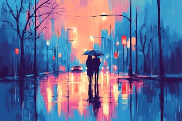 Obraz premium A couple walks down a street under an umbrella in rain