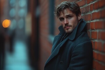 Fototapeta premium Urban Solitude of a Confident Man in Dark Overcoat Against Brick Wall Stylish Fashion Model Portrait