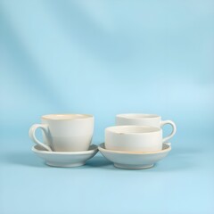 Fototapeta premium A soft blue background with simple ceramic props. The props are minimalistic cups and bowls, creating a calm atmosphere. It creates a cafe or studio atmosphere.