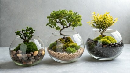Three Miniature Terrariums Bonsai Moss Stones