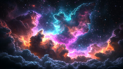 Obraz premium Vivid Cosmic Cloudscape of Brilliant Colors in a Star-Filled Universe
