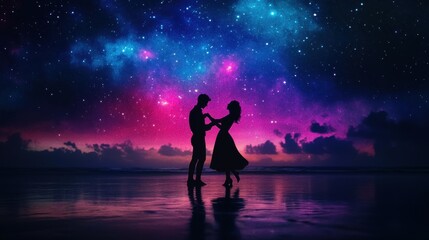 Silhouette of a couple dancing on a beach under a starry sky