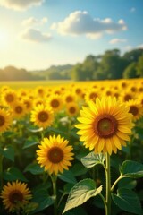 Fototapeta premium Vibrant sunflower fields with warm light, orange, yellow