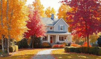 Obraz premium Autumn House in Beautiful Fall Landscape with Colorful Trees and Warm Sunlight