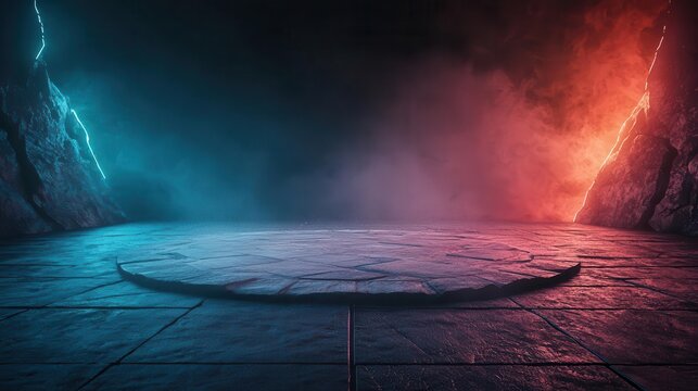 Underground cyber arena where cybernetically enhanced fighters battle in a hightech gladiator ring