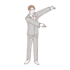 体で横に視線誘導をしている男性のイラスト