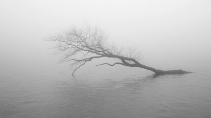 Obraz premium Solitary Tree in Misty Lake: Monochromatic Nature Photography