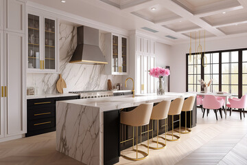 Bright modern kitchen with countertop and lights over it