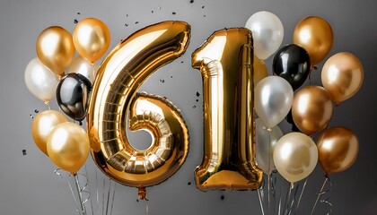 Number 61 with baloons on grey background. Generated image