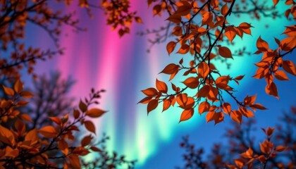 Aurora Leaf Glow A scene where leaves glow with vibrant colors under an aurora like sky, blending gold with other hues.