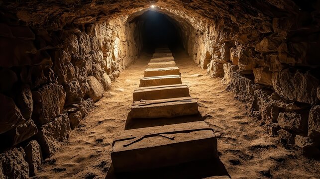 Secret underground medieval crypt, rows of ancient coffins, and torchlit stone corridors leading to unknown depths