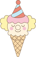 Ice cream with clown face in a cute cartoon clowncore style and pastel color theme