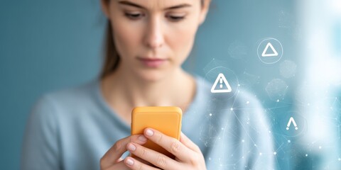 spam call phone security concept. A woman examines her phone, concerned about digital alerts.