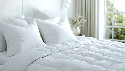 Bright bedroom showcasing neatly arranged white bedding and plush pillows