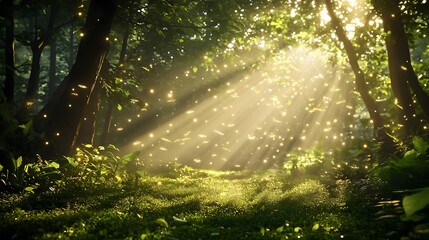 Obraz premium Enchanting Forest Scene with Glowing Fireflies Illuminating Pathways