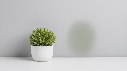 Small potted plant on a white surface against a wall with a discoloration