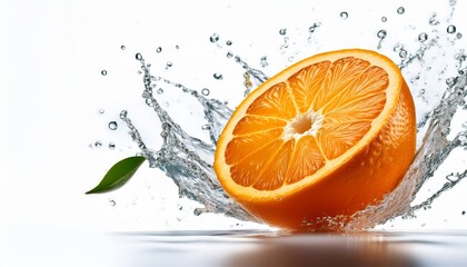 A medium-sized orange, freshly half-sliced, is displayed against a pristine white background. The juicy, vibrant orange flesh is exposed in perfect detail&mdash;each segment glistening with moisture.