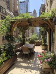 Fototapeta premium Vibrant green rooftop garden, lush vegetation, sustainable urban design - gardening healthy oasis plants eco-friendly