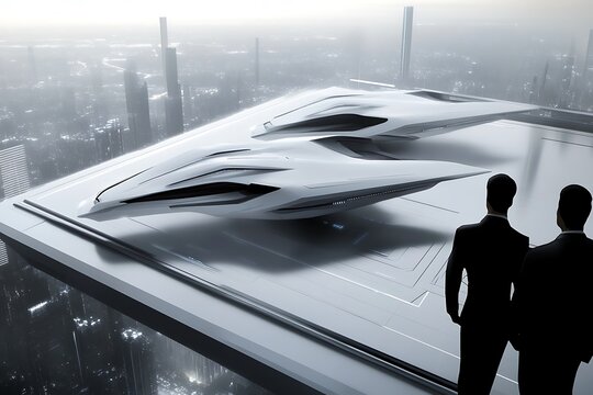 Two figures observing a sleek futuristic aircraft in an urban landscape - Powered by Adobe