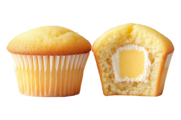 Two halves of a vanilla cupcake with creamy filling shown in cross-section, isolated on white transparent background, dessert concept