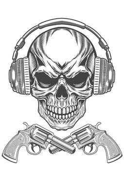 Skull in hustle art style with a retro style headphone 59b - BW r2