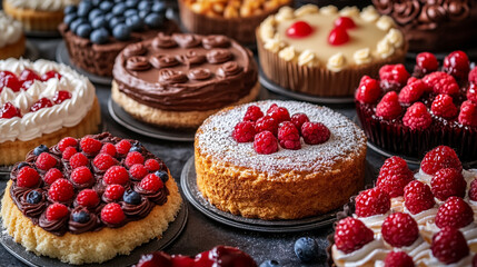 Delicious assortment of cakes on display in a bakery