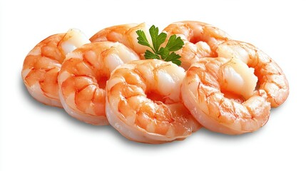 Fresh and Juicy Cooked Shrimp Garnished with Parsley on White Background for Seafood Dishes