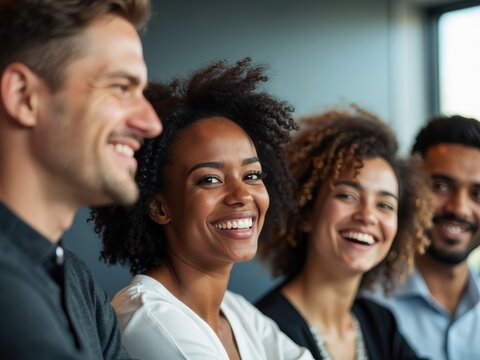 A friendly multiracial team engages in a corporate briefing, sharing laughter and joy.