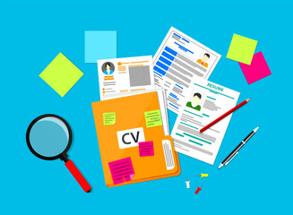 Paperwork documents for application and employment flat style illustration, resume in folder and curriculum vitae for human resource, career advancement concept