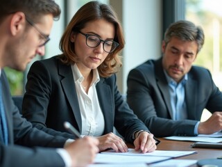 Fototapeta premium Focused businesswoman in glasses reviews agreement at a boardroom table, flanked by colleagues.