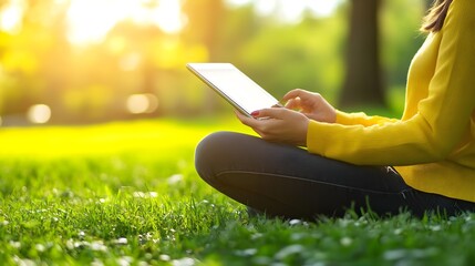 Woman Sitting on Grass Using Tablet in Sunlight with a Peaceful Setting