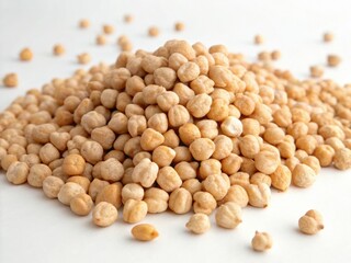 Bunch of raw chickpea groats resting on a white background ready for cooking or processing